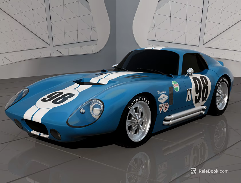 Classic Blue Sports Car With White Stripes And Number 98 Design 3d model 