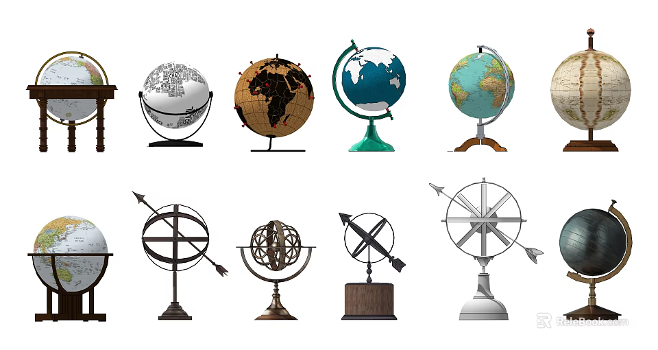 Decorative Ornament Set With Globe Compass Armillary Sphere And Wooden Metal Bases 3d model 