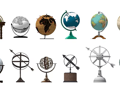 Decorative Ornament Set With Globe Compass Armillary Sphere And Wooden Metal Bases 3d model