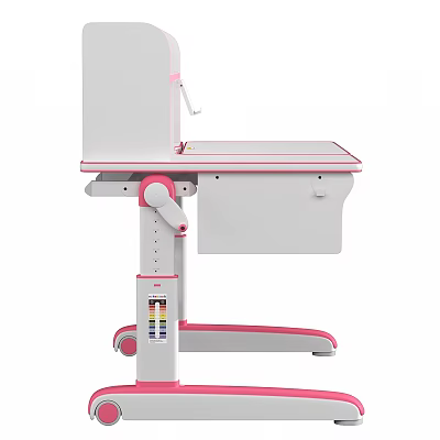Pink And White Kids Study Desk With Adjustable Height Storage Drawer And Wheels 3d model