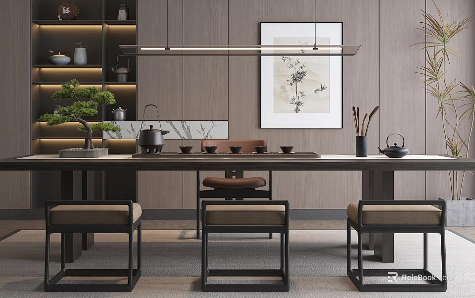 Chinese Style Wooden Tea Table And Chairs With Tea Set Potted Plant And Decorative Painting 3d model 