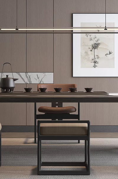 Chinese Style Wooden Tea Table And Chairs With Tea Set Potted Plant And Decorative Painting 3d model