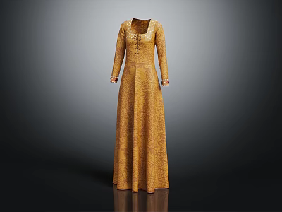 Yellow Patterned Long Dress with Long Sleeves and Front Lacing Design 3d model