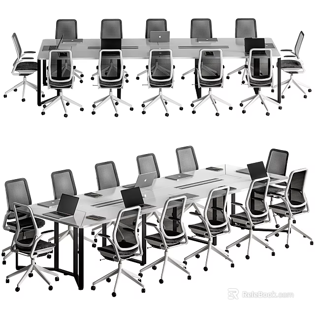 Modern Conference Table With Wheeled Office Chairs And Laptops In Meeting Room 3d model 