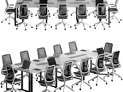 Modern Conference Table With Wheeled Office Chairs And Laptops In Meeting Room 3d model