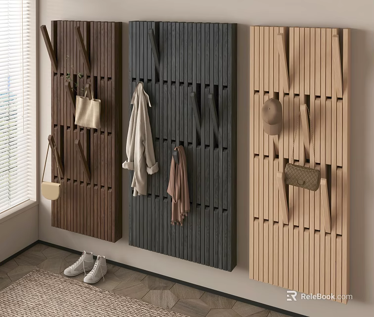 Wooden Wall Mounted Coat Hangers With Coats Bags And Hats In Modern Interior 3d model 