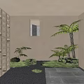 Courtyard Garden With Wooden Lattice Beige Wall Small Window Ferns Moss And Stone Slabs