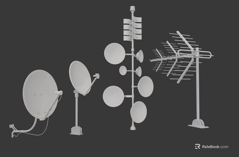 Various White Antenna Devices Including Satellite Dishes and Yagi Antennas 3d model 