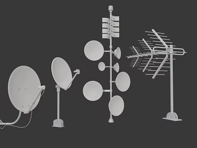 Various White Antenna Devices Including Satellite Dishes and Yagi Antennas 3d model