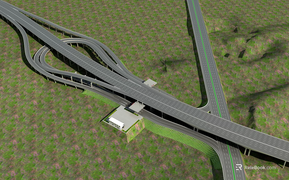 Multi Level Highway Interchange Bridge With Green Landscape And Road Network 3d model 