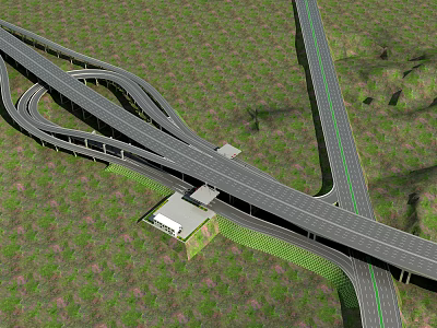 Multi Level Highway Interchange Bridge With Green Landscape And Road Network 3d model