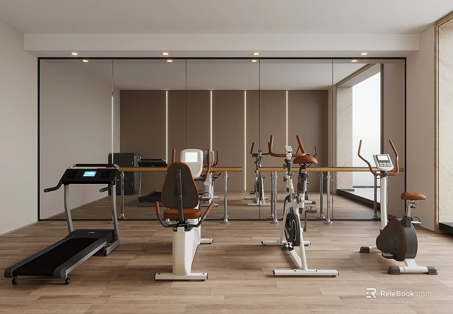 Modern Gym Space With Treadmill Exercise Bike Rowing Machine Wooden Floor And Mirrors 3d model 
