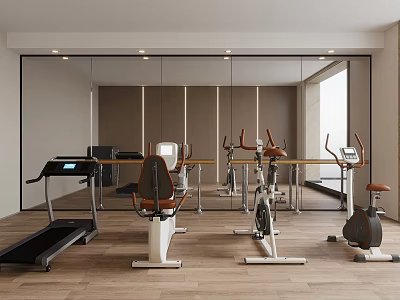Modern Gym Space With Treadmill Exercise Bike Rowing Machine Wooden Floor And Mirrors 3d model