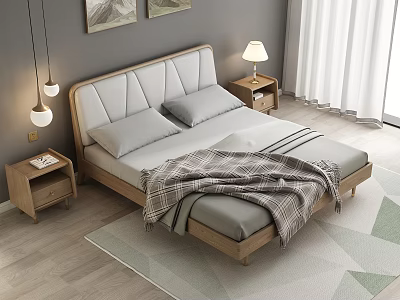 Modern Double Bed With Upholstered Headboard Wooden Frame Nightstands Table Lamps And Rug 3d model
