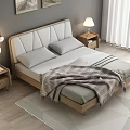 Modern Double Bed With Upholstered Headboard Wooden Frame Nightstands Table Lamps And Rug