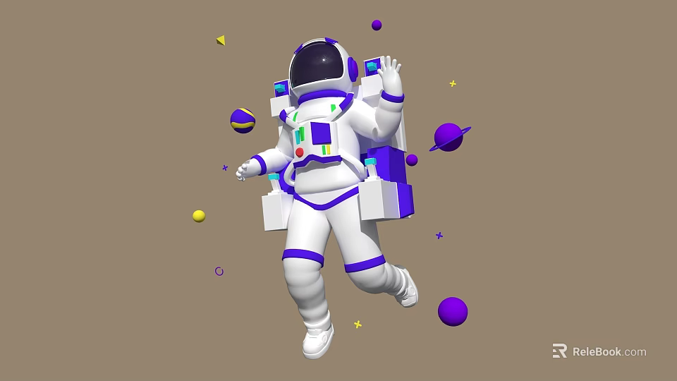 Decorative Ornament Set with 3D Astronaut Figure Purple White Accents and Planets Stars 3d model 