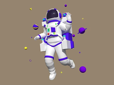 Decorative Ornament Set with 3D Astronaut Figure Purple White Accents and Planets Stars 3d model