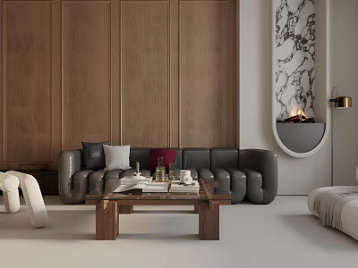 Elegant Modern Living Room With Dark Leather Sofa Wood Panel Wall And Stylish Embedded Fireplace 3d model