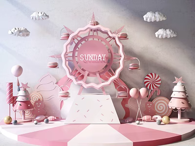 Pink Candy Themed Scene with Sunday Ferris Wheel Clouds Lollipops and Candy Trees on Striped Platform 3d model