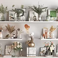 Decorative Ornament Set with Green Plants Vases Frames and Sculptures on Display Shelves