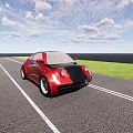 Red Two Door Car Parked On Road With Blue Sky White Clouds And Green Grass