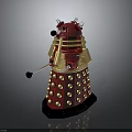 Red Metallic Robot Figure With Gold Spherical Bumps And Protruding Arm