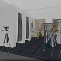 Indoor Photography Studio Space With Camera Tripod Clothing Racks And Hanging Clothes