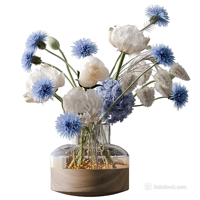 Transparent Vase With White Peonies And Blue Thistles On Wooden Base With Fairy Lights 3d model 
