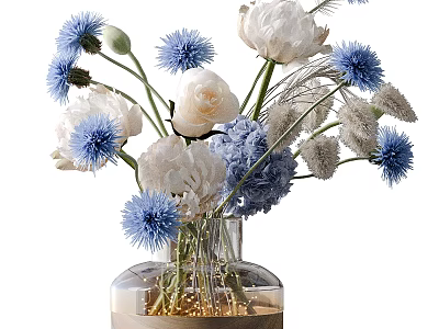 Transparent Vase With White Peonies And Blue Thistles On Wooden Base With Fairy Lights 3d model