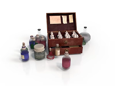 Vintage Wooden Storage Chest With Open Lid And Assorted Glass Bottles Jars 3d model