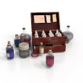 Vintage Wooden Storage Chest With Open Lid And Assorted Glass Bottles Jars