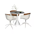 Modern Round White Table with Three Chairs Wooden Backrests and Decorative Plant Vase