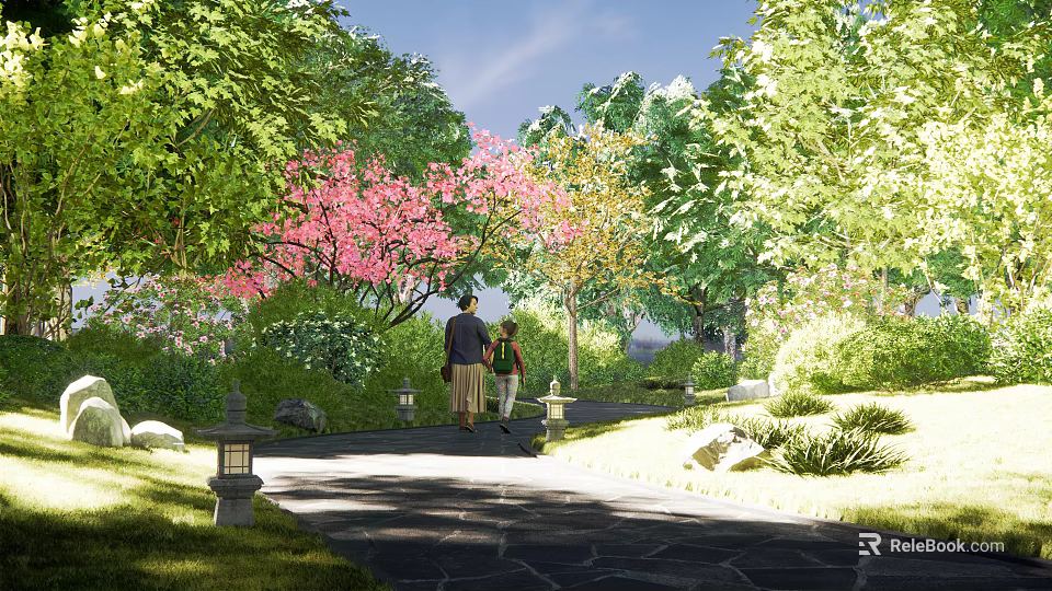 Serene Garden Landscape With Stone Path Pink Flowering Tree People Walking And Stone Lanterns 3d model 