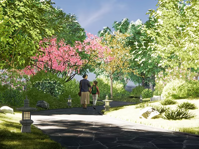 Serene Garden Landscape With Stone Path Pink Flowering Tree People Walking And Stone Lanterns 3d model