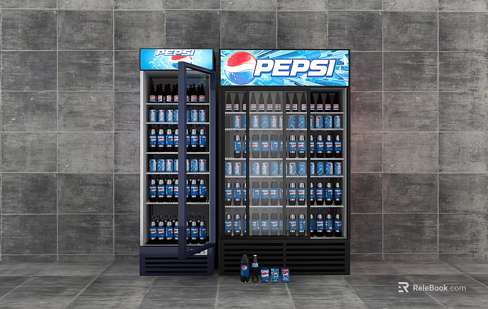 Double Glass Door Beverage Refrigerators Displaying Pepsi Drinks With Bottles On Floor 3d model 