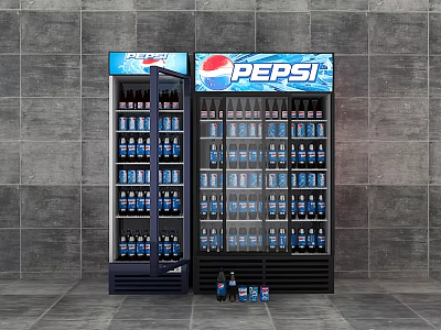 Double Glass Door Beverage Refrigerators Displaying Pepsi Drinks With Bottles On Floor 3d model