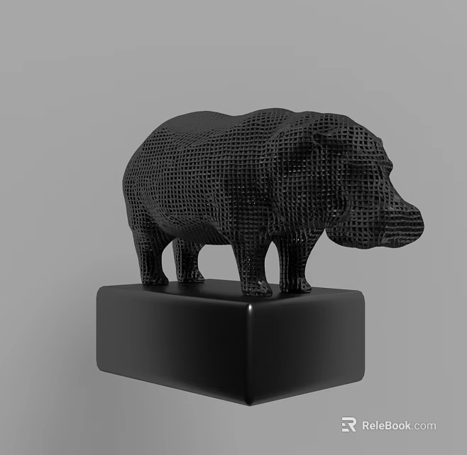 Black Grid Pattern Hippo Decorative Ornament Set with Cube Base 3d model 