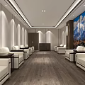 Modern Conference Room Interior With White Sofas Wooden Floors And Decorative Paintings