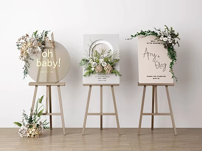 Stylish Display Shelves With Floral Accents And Baby Party Signs On Wooden Easels 3d model