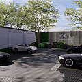 Scenic Eco-friendly Parking Lot Featuring Trees Cars Paved Ground And Green Wall