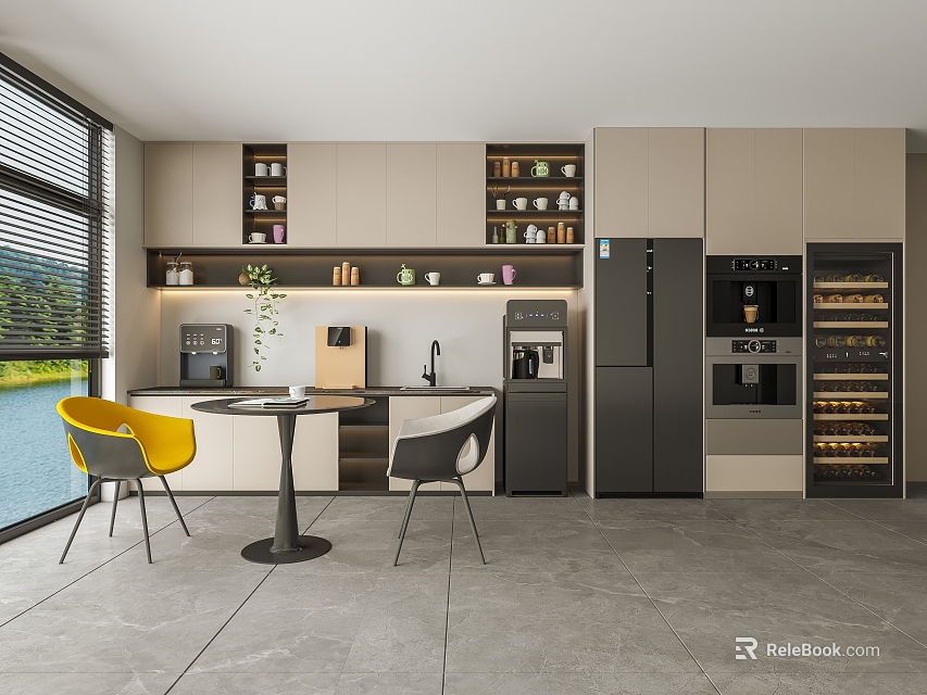 Modern Pantry With Large Window View Yellow Chairs White Table Coffee Machine Refrigerator And Cabinets 3d model 