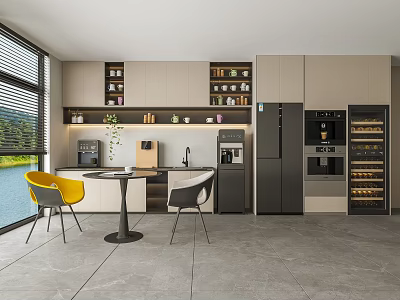 Modern Pantry With Large Window View Yellow Chairs White Table Coffee Machine Refrigerator And Cabinets 3d model