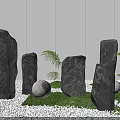 Elegant Garden Ornament Display with Black Stones Green Grass Glowing Moon Lights Ferns and Gravel