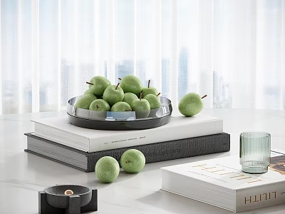 Decorative Ornaments Set With Green Apples Black Tray Stacked Books Glass Cup And Candle Holder 3d model