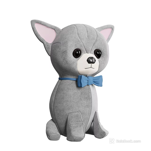 Cute Gray Chihuahua Stuffed Toy with Pink Ears and Blue Bow Tie 3d model 
