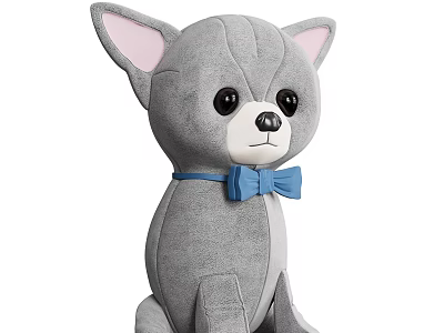 Cute Gray Chihuahua Stuffed Toy with Pink Ears and Blue Bow Tie 3d model