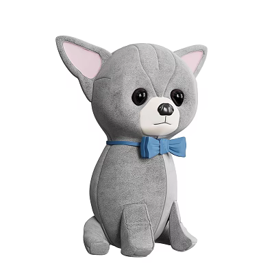 Cute Gray Chihuahua Stuffed Toy with Pink Ears and Blue Bow Tie 3d model