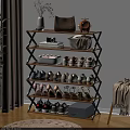 Multi Tiered Shoe Rack With Organized Shoes High Heels And Decorative Accessories