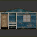 Wooden Cabin With Blue Exterior Peeling Paint White Roof And Wooden Steps