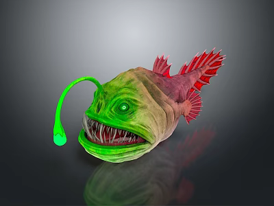Deep Sea Anglerfish With Green Body Red Fins Glowing Lure And Sharp Teeth 3d model